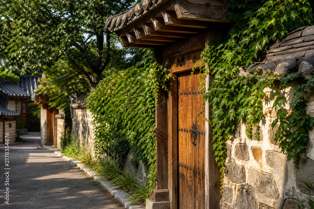 Fototapeta premium Late summer greenery in a Korean hanok alley