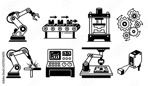 Industrial Robotics Automation Vector Icon Set with Eight Manufacturing Process Symbols for Mechanical Engineering Factory Technology and Production