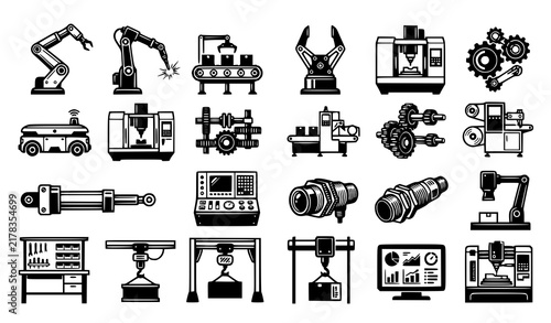 Comprehensive Industrial Robotics Automation Vector Icon Collection with Sixteen Manufacturing Engineering Process Symbols for Smart Factory Technology