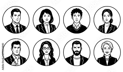 Round Business People Avatar Vector Set with Eight Professional Corporate Characters for Executive Management Leadership Employee and Profile Designs