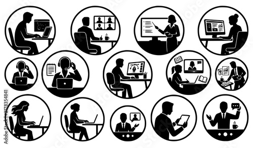 Circular Remote Business Work Vector Silhouette Collection Featuring Twelve Digital Professionals for Freelancing Communication Education and Internet Activities