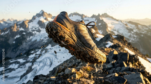 Rugged trail shoe mid-stride above a mountain ridge with mud-caked outsole, cushioning layers, water spray, and snowy peaks.