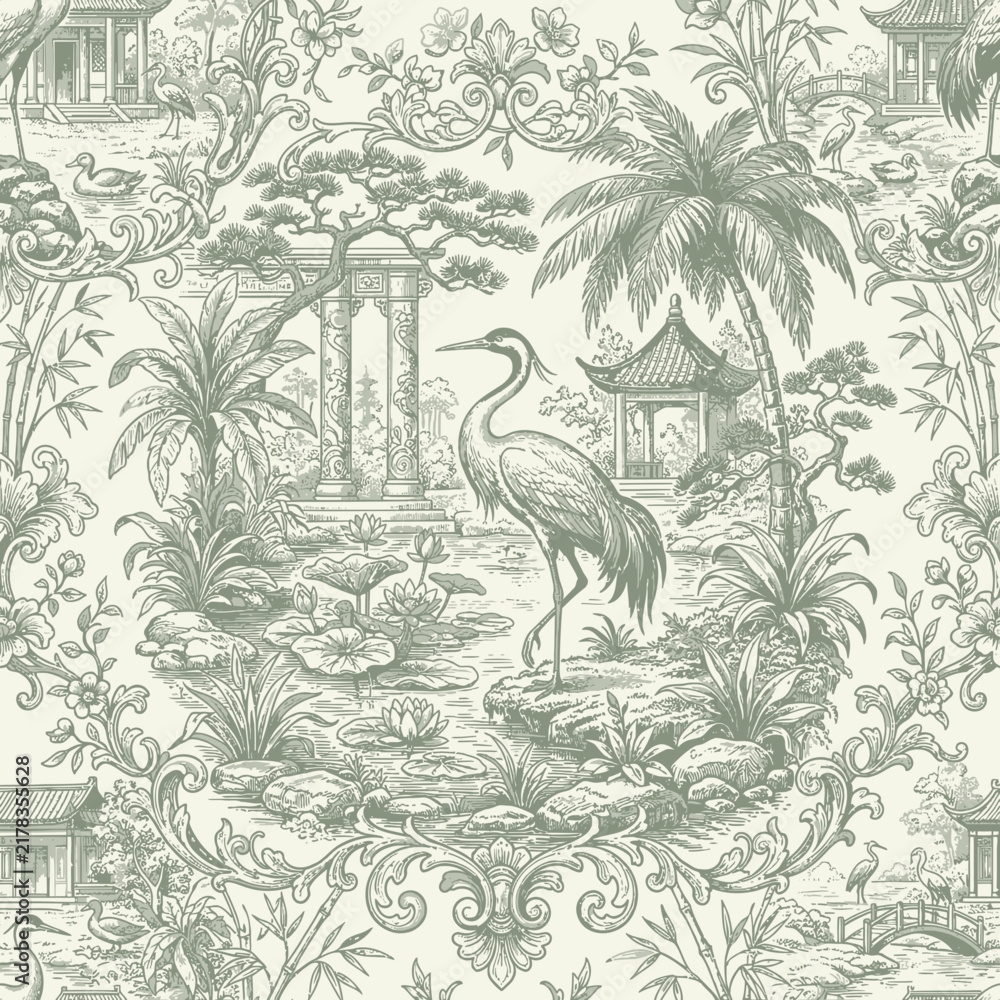 Fototapeta premium Vintage Chinoiserie Seamless Pattern with Cranes Pagodas and Garden Scenery