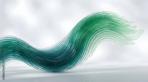 Large abstract wave constructed from countless translucent curved plates, gradient from teal to emerald green and pale mint, clean light background, soft shadows, smooth futuristic surfaces.