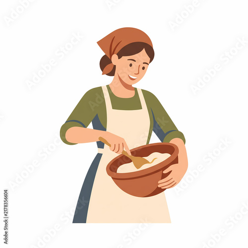 Smiling Female Baker Kneading Dough in a Wooden Bowl, Flat Vector Illustration of Artisan Bakery, Homemade Baking, Cooking, and Small Business