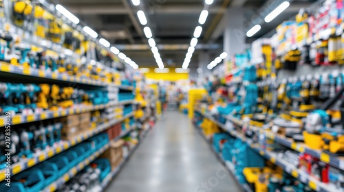 Defocused view of a tool aisle in a hardware store with organized equipment