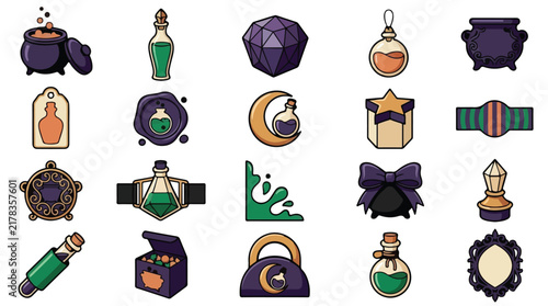 фотографія Magical potion icons set, fantasy elixir collection, retro potion bottles vector