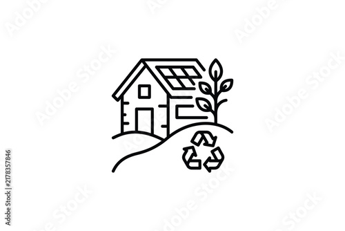 Eco House Line Icon with Recycle Symbol and Leaves.