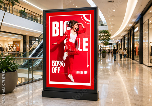 Vertical Advertising Poster Mockup In Modern Shopping Mall