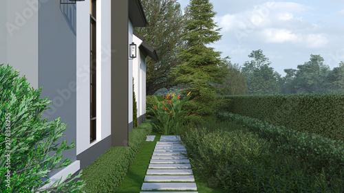 Fotografie 3D rendering of a beautiful residential landscape design featuring a stone walkway on green grass alongside a modern contemporary house