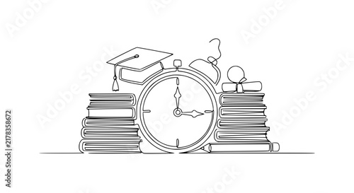 Education Time Concept: Graduation Cap, Books, Diploma, Alarm Clock, Single Line Art
