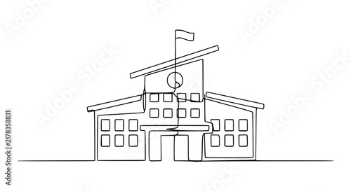 Continuous line drawing of a school building with clock and flag, isolated