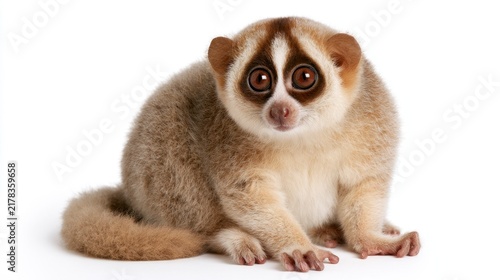 Close-up portrait of a Pygmy slow loris (Nycticebus pygmaeus) sitting against a white background