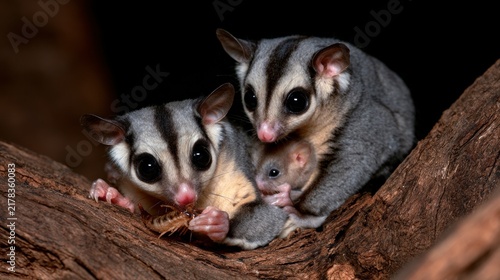 Sugar Glider Family with Baby Eating an Insect on a Tree Branch