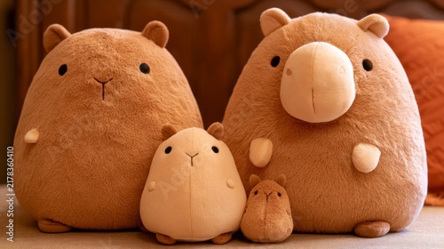 Group of four cute capybara plush toys in various sizes arranged like a family