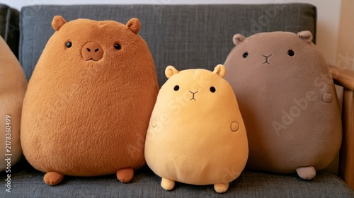Three Adorable and Soft Capybara Plush Toys Resting on a Grey Sofa