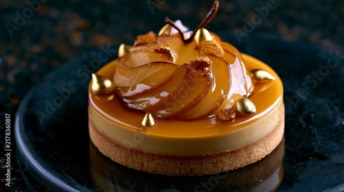 Elegant Gourmet Pear and Caramel Tartlet with Gold Accents and Mirror Glaze