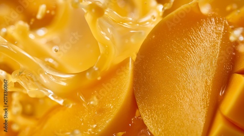 Macro view of fresh mango slices with a vibrant juice splash, high speed liquid motion