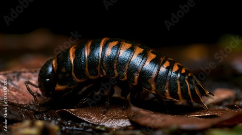 Macro shot of a black and orange striped isopod crawling on leaf litter in a tropical environment