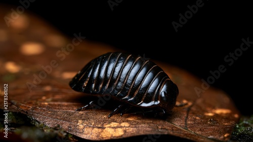 Macro Shot of a Shiny Black Pill Millipede Crawling on a Dry Brown Leaf in a Dark Forest Setting