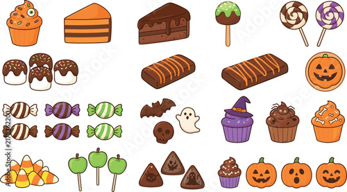 Halloween candy and dessert illustration set featuring cupcakes, cakes, lollipops, cookies, pumpkins, ghosts, bats, and colorful festive treats