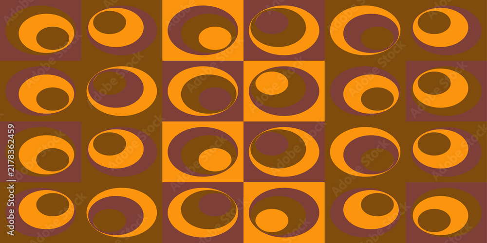 Retro seventies seamless pattern background with orange brown and yellow concentric circles in checkered layout ideal for vintage textiles.