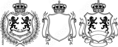 Royal heraldic crest collection featuring crowns, shields, lions, laurel wreaths, ribbons, blank emblems, and ornate medieval vector designs