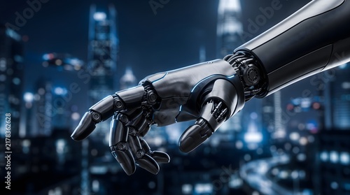 Robotic Hand Futuristic City Background, Cyberpunk Metal Arm Artificial Intelligence, Blue Bokeh Urban Night Scene, Cybernetic Limb