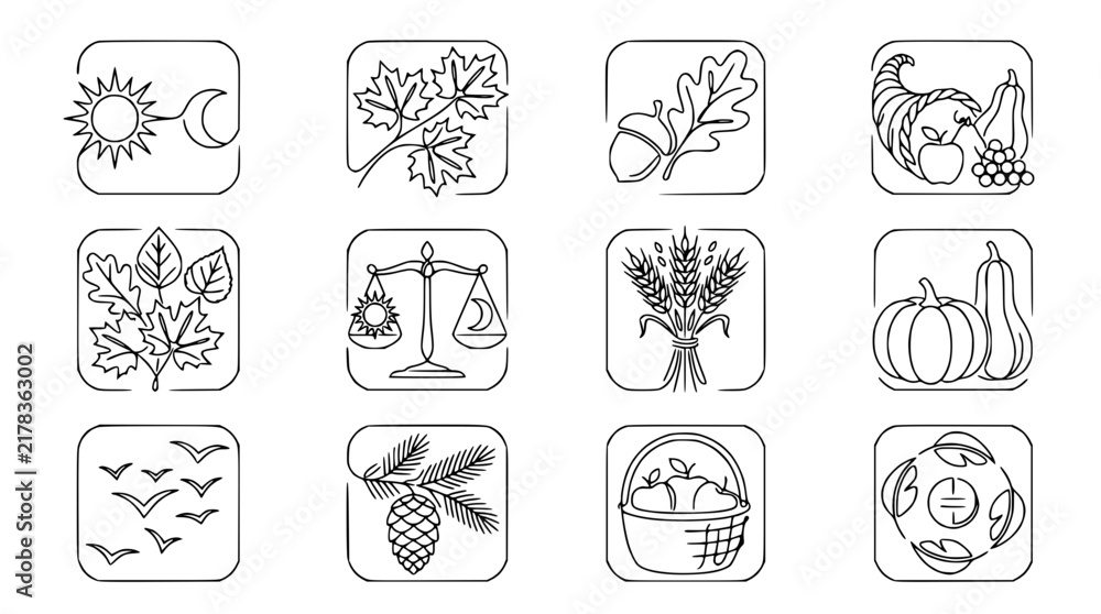 Obraz premium Autumn Harvest Icons: Cornucopia, Pumpkin, Wheat, Fruits, Birds, Nature