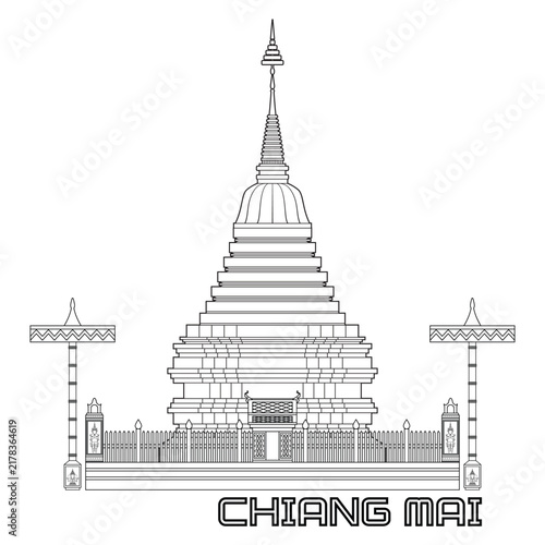 Line art Illustration vector symbols of Chiang Mai Thailand northern province with famous Thai style gold pagoda Wat Phra That Doi Suthep temple drawing in black and white