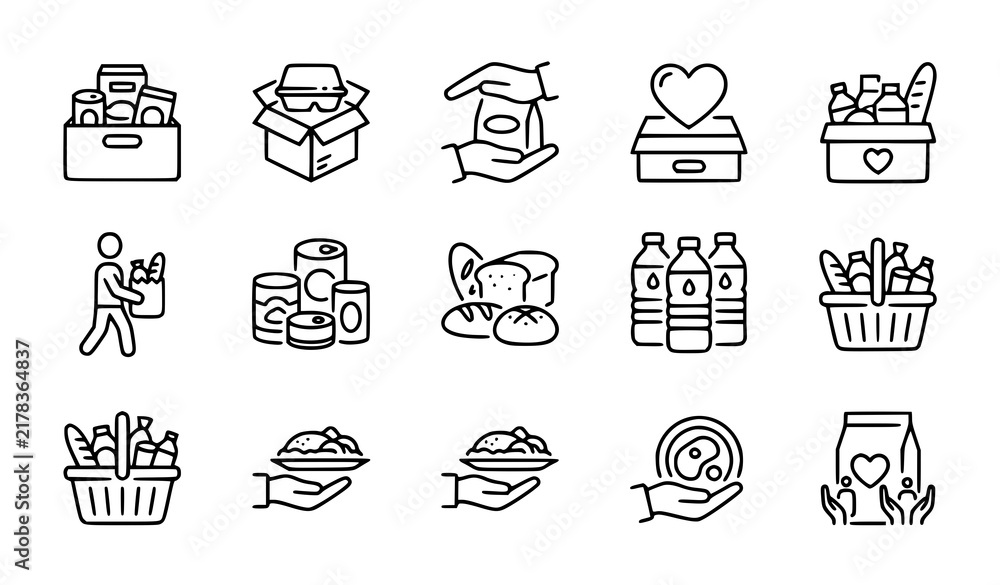 Fototapeta premium Set of hand drawn food donation and grocery shopping icons in a simple doodle style