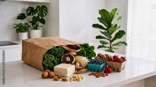 Fresh organic groceries displayed on modern kitchen countertop with natural lighting with showcases diverse assortment mushrooms arranged sleek
