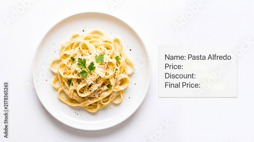 Creamy fettuccine alfredo pasta with fresh parsley garnish on white plate with showcases close up creamy parsley black pepper