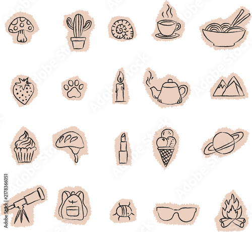 Hand Drawn Travel and Adventure Doodle Icon Set with Food Camping Nature and Lifestyle Elements
