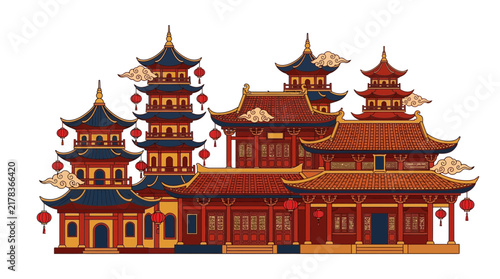 Traditional East Asian temple architecture with lanterns and clouds