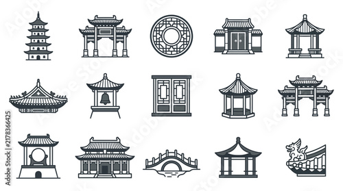 Traditional Asian Architectural Icon Set for Design Projects
