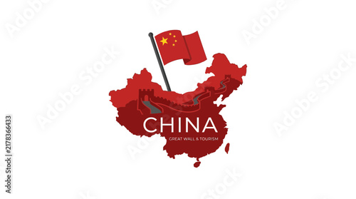 China Map Illustration with National Flag and Great Wall Landmark