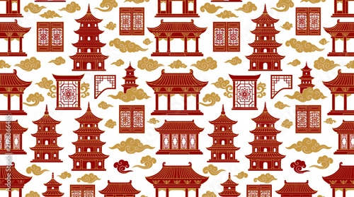 Seamless pattern with red oriental pagodas and golden clouds