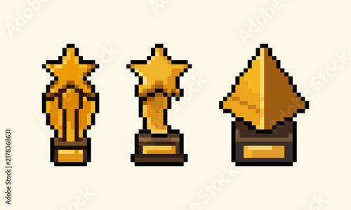 pixel art of golden star trophies and pyramid award set, perfect for RPG game UI, retro video game assets, achievement badges, and indie game development