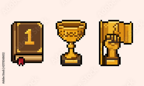 pixel art of game awards set with number one book, golden chalice cup, and holding flag fist trophy, perfect for RPG game UI