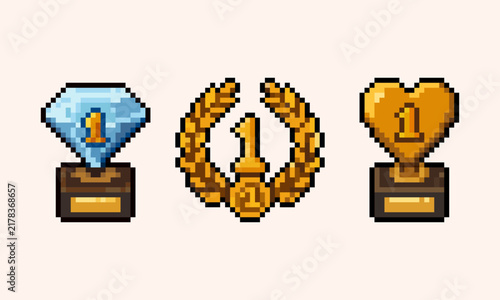 pixel art of game awards set with blue diamond number one trophy, golden laurel wreath badge, and golden heart award, perfect for RPG game UI