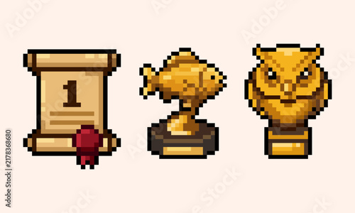 pixel art of achievement trophy icons including scroll certificate, golden fish award, and owl statue, perfect for RPG game UI.