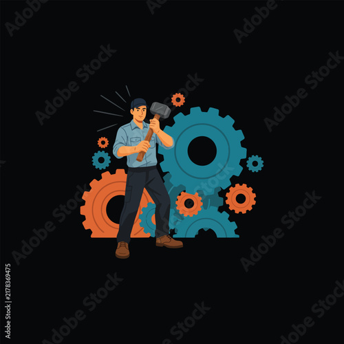 Mechanic with hammer and gears industrial equipment and tools.