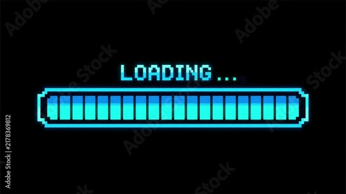 Animated GIF video of a neon-colored pixel battery loading bar against a dark background.