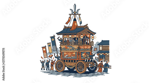 Detailed Gion Matsuri float with crowd illustration.