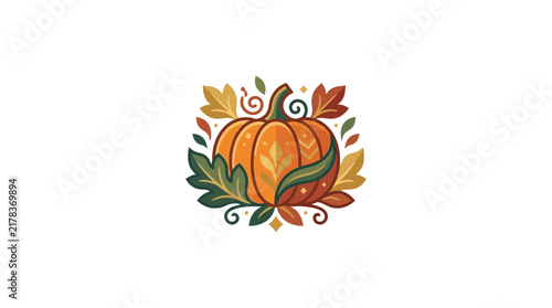 Decorative pumpkin with autumn leaves and fall foliage.