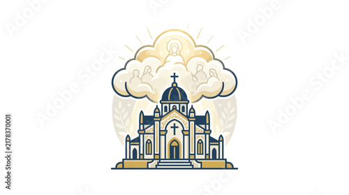 Detailed cathedral icon with large overhead clouds.