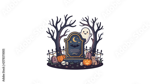 Detailed cemetery landscape with ghosts and bare trees.