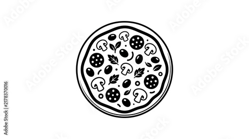 Detailed circle pizza illustration with various toppings.