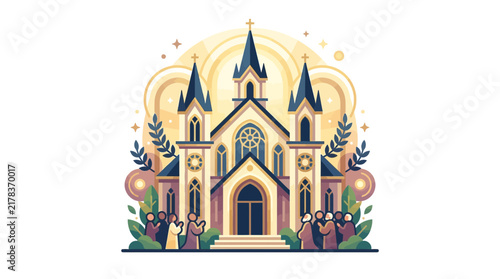 Detailed church facade with a gathering of people.